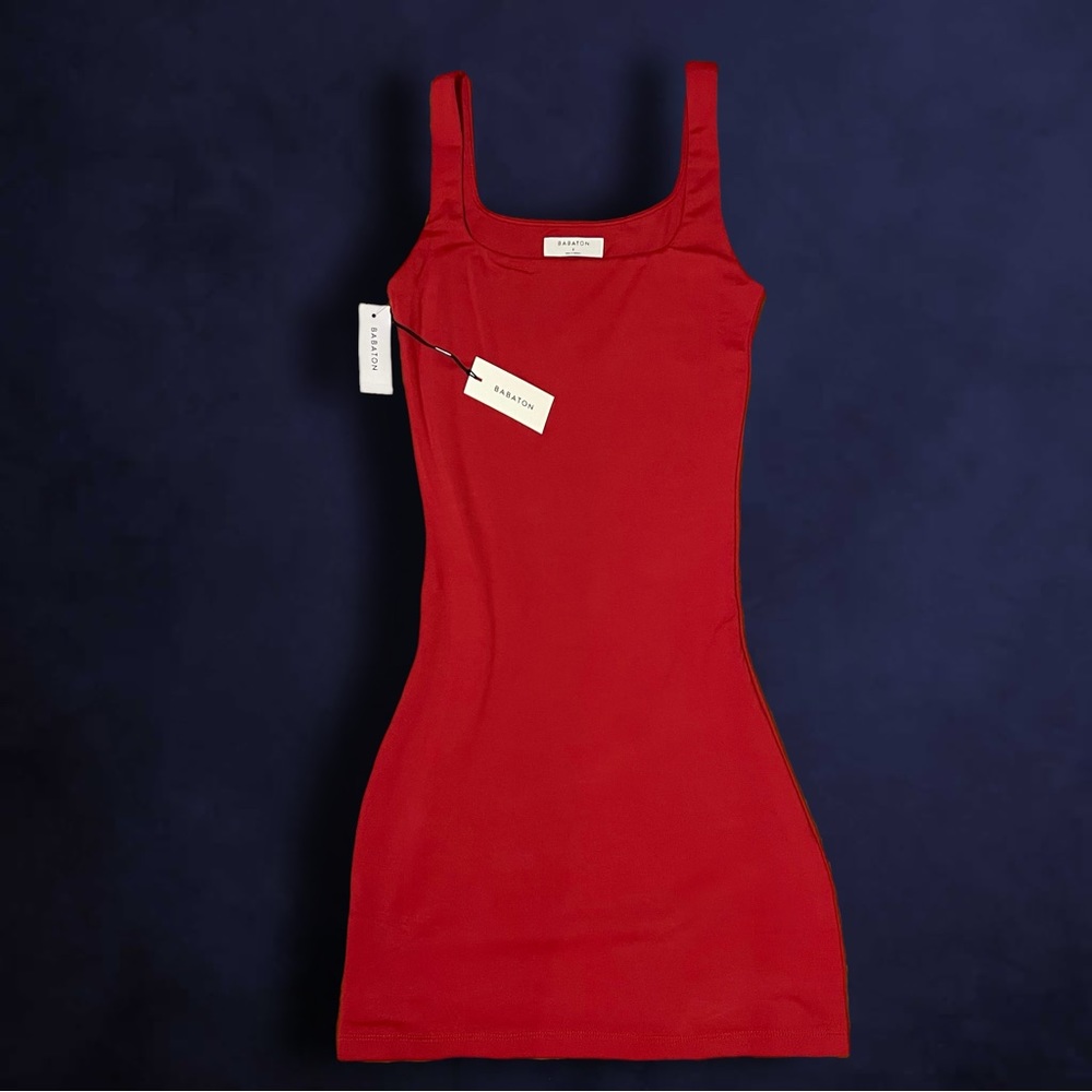 BRAND NEW W TAGS ARITZIA (BABATON) CONTOUR SQUARE NECK MINI DRESS IN CRIMSON RED
